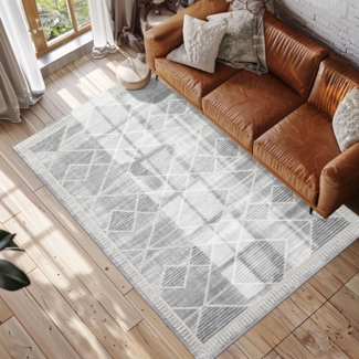 Teppich Wohnzimmer Kurzflor Grau 200x290cm Meliert, Raute-Muster mit Hoch-Tief-Effekt, 3D Effekt, Weich
