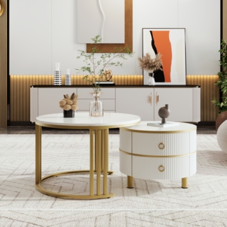 Couchtisch 2-teilig Set rund mit Marmormuster Gold und Weiß Hochglanz Tischplatte mit Schubladen Stauraum