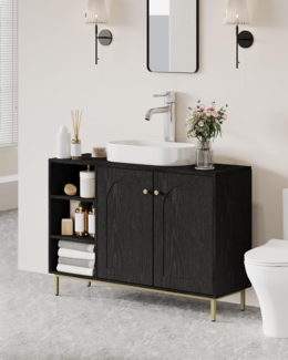 Badezimmerschrank, Badschrank, Küchenschrank mit 2 Türen, Beistellschrank, Sideboard mit offenem Fach, Kommode, verstellbare Ablage, Badezimmer, 35 x 100 x 75 cm, Schwarz