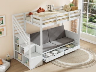i@home Etagenbett Kinder-Etagenbett 90x200 cm mit Treppenschrank und Sofa, Weiß, Multifunktional: Hochbett + Sofa + Treppe mit Stauraum