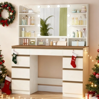 Große Schminktisch mit LED-Beleuchtung, 10 LED-Lichtkugeln, 3 Farben, einstellbare Helligkeit, Schminktisch mit Spiegel, 9 Schubladen, 9 offenen Ablagen, moderner Stil, Weiß-Silber