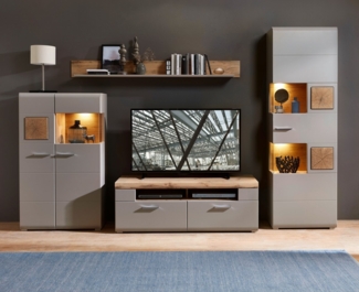 Wohnwand Wohnzimmer-Set 2 FUN PLUS II 4 tlg. Vitrine Standvitrine TV-Unterteil Wandboard grau Hirnholz LED-Beleuchtung