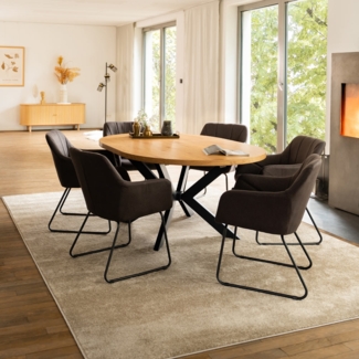 HOME DELUXE Essgruppe Rund Ausziehbar AVENTURA inkl. Sternfuß - 120-160 x 120 cm Light Oak 6 Stühle