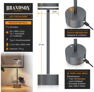 Brandson LED Tischleuchte Tischlampe, stufenlos dimmbar, 3 Lichtfarben, Akku 3600 mAh, Touch, Dimmfunktion, Ein-/Ausschalter, Farbwechsel, mehrere Helligkeitsstufen, LED fest integriert, Kaltweiß, Neutralweiß, Warmweiß, Tischlampe kabellos, USB-C, Schr...