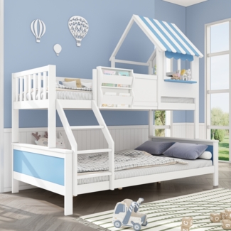 Etagenbett für Kinder, Massivholz-Gestell, mit Leiter, Fensterdesign, Stauraumboxen und Kreidetafel,Weiß&blau