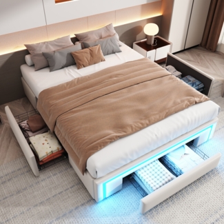 Merax Polsterbett 140x200cm ohne Kopfteil, Doppelbett Jugendbett mit Schubladen und Led, Stauraumbett, Beige