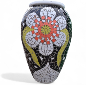 Pflanzgefäß "La Flora" Geschwungene Mosaikdesign Orange – Höhe 85 cm – Ø 40 cm – Handgefertigt aus Beton & Keramik-Mosaik