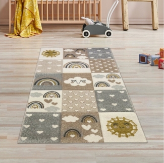TeppichHome24 Kinderteppich Kinderteppich Herzchen Wolken beige grau braun, rechteckig, Höhe: 1.3 mm