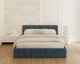 FDM Polsterbett mit Bettkasten Stauraumbett, aus hochwertigem CORD Stoff Bezug (verfügbar 90x200 120x200 140x200 160x200 180x200cm, Bettrahmen, Bett, mit großen gepolsterten Kopfteil, mit Bettkasten zum aufklappen), Metallrahmen mit Lattenrost, hydraul...