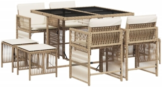 vidaXL 9-tlg. Garten-Essgruppe mit Kissen Beige Poly Rattan 3211678