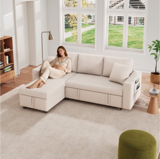 i@home Schlafsofa 3-Sitzer-Sofa, Ecksofa,L-förmiges Sofa, Sofa mit Stauraum, mit Taschenaufbewahrung,Hellgrau/Dunkelgrau/Beige