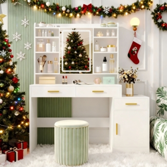 Schminktisch, Große Tischplatte mit Spiegel, 3 Schubladen und 1 Schrank, Offene Mehrstufige Regale, für Schlafzimmer, Garderobe, 40 x 130 x 149 cm, Weiß