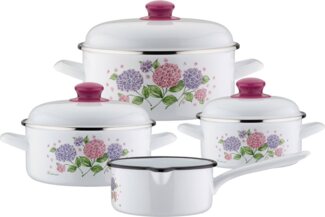 GSW Topf-Set Hortensie, Stahl-Emaille (Set, 7-tlg, je 1 Kochtopf Ø 16/20/24 cm, 1x Stielkasserolle Ø 16 cm), Induktion