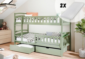Kids Collective Etagenbett Hochbett Kinderbett 80x180 90x200 umbaubar in zwei Einzelbetten, 90x200 cm mit zwei Matratzen und Schubladen Lattenrost Olivgrün
