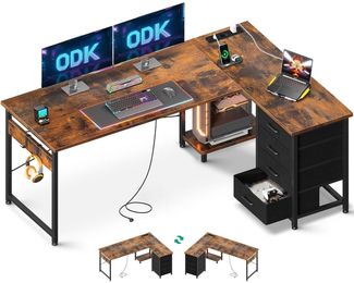 ODK Eckschreibtisch L Form Vintage-Braun 155x110 cm, Schubladen, Steckdosen, USB