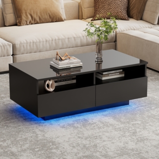 Couchtisch Schwarz Hochglanz 95 cm, Wohnzimmertisch mit 2 Schubladen & offenem Regal, LED-Beleuchtung