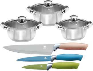 KING Topf-Set EDELSTAHL, Edelstahl (Set, 9-tlg, 3 Töpfe Ø 16/18/20 cm inkl. Glasdeckel, 3 Messer), Induktion