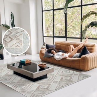 Teppich Wohnzimmer - 200x290cm - Beige Grün - Boho-Style mit Fransen - Rauten Muster - Flachflor Wohnteppich Schlafzimmer Deko