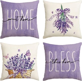 Kissenbezüge 45×45 cm 4er-Set Lavender Home Sweet Home, Lila, Frühling/Sommer Dekokissen
