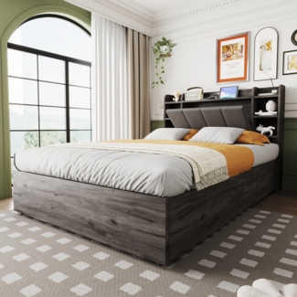 Polsterbett 140x200 cm mit hydraulischem Stauraum,Kopfteil mit Regalen & USB-Type-C-Anschluss,gepolstert,Grau,inklusive Schaummatratze