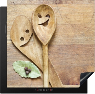 MuchoWow Herd-Abdeckplatte Holz - Löffel - Braun - Smiley, Vinyl, (1 tlg), Herdabdeckplatten für Ceranfeld, Induktionsschutz, 65x55 cm