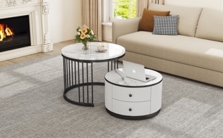 Couchtisch-Set 60x60x45,5 & 50x50x32 cm, MDF, hochglänzende Marmoroptik, 2 Schubladen,Weiß