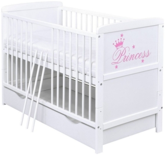 Baby-Delux Babybett Natalie Princess Bettkasten, Kinderbett Gitterbett 140x70 weiß mit Beißschienen Schublade, Matratze