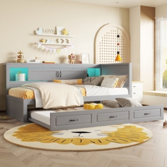 Merax Daybett 90x200cm mit Ausziehbett 90x190cm, Schlafsofa Tagesbett mit LED-Beleuchtung & USB & Staufach & Steckdosen