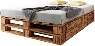 sunnypillow Palettenbett M2 aus Holz 140x200 cm mit Lattenrost und 2 Bettkästen. Doppelbett, Familienbett - erhöhtes Ehebett Bettgestell Futonbett Komforthöhe Geflammt Massivholzbett