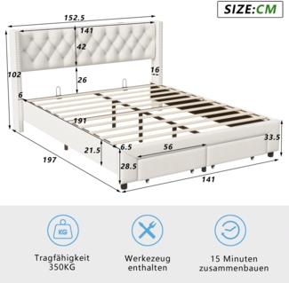 Nietenbett mit Schubladen, LED-Beleuchtung & USB, 140x190cm Beige Samt