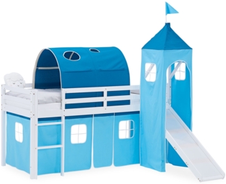 Hochbett Kinder 90x200 cm mit Rutsche Kinderbett Kinderhochbett Stockbett Vorhang Tunnel Turm Blau