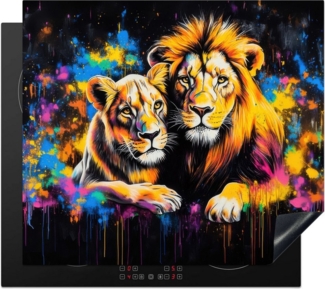 MuchoWow Herd-Abdeckplatte Löwen - Malerei - Farben, Vinyl, (1 tlg), Küche Herdabdeckplatte Ceranfeld Vinyl Einteilig, 59x52 cm