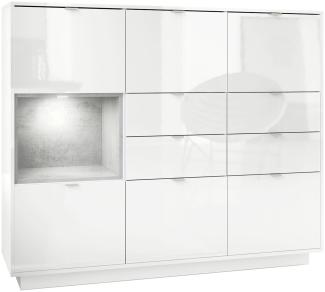 Highboard Sideboard Metro V2, Korpus in Weiß Hochglanz / Fronten in Weiß Hochglanz mit Einsatz in Beton Oxid Optik, inkl. LED Beleuchtung