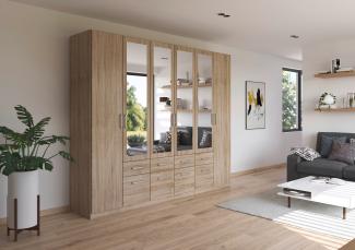 rauch Kleiderschrank, Drehtürenschrank BINGEN, 6-türig, 4 Spiegeltüren teilaufgelegt, 8 Schubkästen, Eiche Sonoma, 271 x 229 x 54 cm