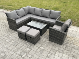 Fimous Gartenmöbel-Set aus Rattan mit Rechteckiger Couchtisch 2 kleine Fußhockern Sessel Dunkelgrau gemischt