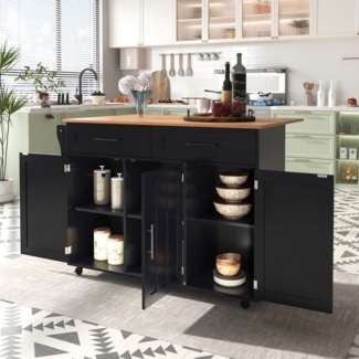 Merax Küchenwagen Esstischwagen Anrichte mit Klapptischplatte, Kücheninsel, (1 St), auf 5 Rädern mit Stauraum, 2 Schubladen & verstellbaren Ablagefächer