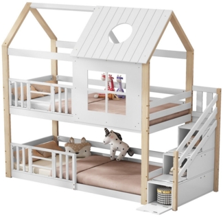 Flieks Etagenbett, Massivholz Hausbett Kinderbett 90x200cm mit Stauraumtreppe