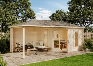 Alpholz 5-Eck Gartenhaus Liwa Gartenhaus aus Holz in Pinie Holzhaus mit 28 mm Wandstärke inklusive Terrasse Blockbohlenhaus mit Montagematerial