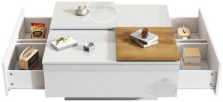 MODFU Couchtisch mit kleine verschiebbare Tischplatte (Satztisch, Wohnzimmertisch Beistelltisch, 1-St, 4 Schubladen), Hochglänzender quadratischer Couchtisch mit Ablagefläche