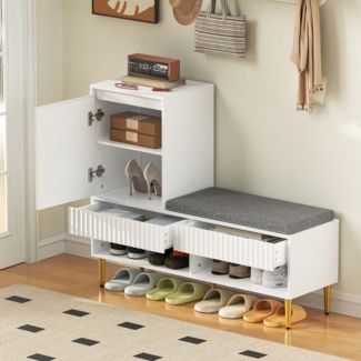 Flieks Schuhschrank Schuhkommode mit 2 Schubladen, 1 Türen und verstellbarer Ablagen (100 x 35 x 90 cm, 1-St, gepolsterter Sitzfläche und Metallbeine, ca 6 Paar Schuhe) Schuhwechselhocker mit Seitenschrank Schuhbank Schuhregal Weiß