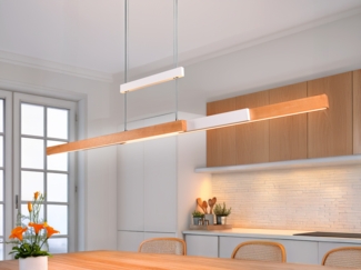 LED Pendelleuchte TRAJAN ausziehbar & höhenverstellbar Weiß Holz, Breite 150cm