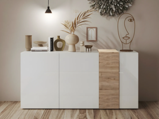 Vente-unique - Sideboard mit 3 Türen - Weiß & Helle Holzfarben - CAYNO