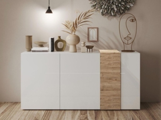 Vente-unique - Sideboard mit 3 Türen - Weiß & Helle Holzfarben - CAYNO