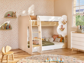 Vente-unique - Etagenbett - 2 x 90 x 190 cm - Weiß & Holzfarben + Matratze - PILATI