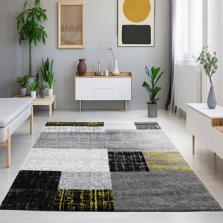 Vimoda Designteppich Teppich Wohnzimmer Karo Design Teppich kariert Kurzflor, Rechteckig, Höhe: 5 mm, Läufer Kachel Optik in Türkis Grau Gelb & Lila Teppich Schlafzimmer