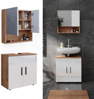 Vicco Badmöbelset Irma Eiche Weiß Hochglanz modern Badezimmerschrank Badschrank Badezimmermöbel Waschtischunterschrank Spiegelschrank Schranktür Schrankfach