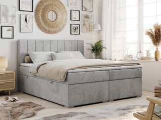 Boxspringbett mit 2 Bettkästen, Matratze und Topper, Polsterbett - ALLY - 200x200cm - Hellgrau Velours - H3