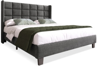 Polsterbett 140x200 cm, Leinen Grau mit hohem Kopfteil und integriertem Lattenrost,Grau