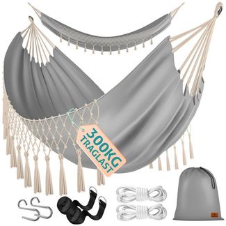 KESSER® Hängematte 320x150 cm belastbar bis 300 kg, wetterfeste & atmungsaktive Tuchhängematte mit Fransen für 1-2 Personen – Ideal für Camping, Garten & Outdoor, inkl. Beutel, Seile & Gurte Grau