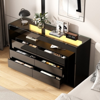 HAUSS SPOLE Sideboard mit 6 Schubladen, LED-Hochglanz-Sideboard für Wohnzimmer, Schwarz (Wohnzimmerschrank, Organisator, Anrichte, 1 St, doppellagiges Design), mit 6 großen Schubladen, Platte aus gehärtetem Glas